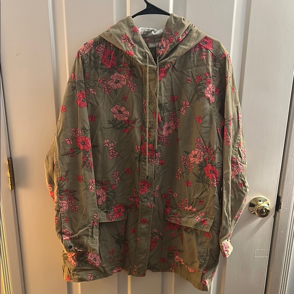 Green and Pink Utility Jacket with Hood and Floral Pattern